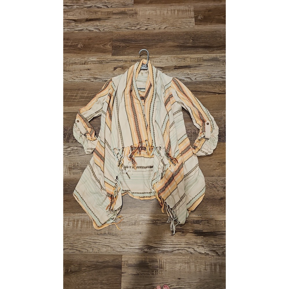 Gimmicks by BKE Womens XS Striped Fringe Open Front Cardigan RollTab Sleeve Boho